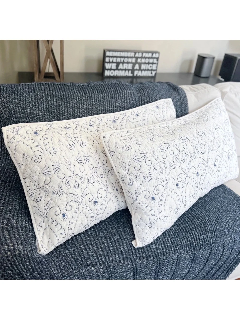 2 Pottery Barn Keller Stitch Quilted KING Pillow SHAMS White Blue Dot Scroll